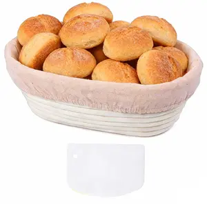 Acid Dough Proofing Basket Set with Linen Cover, Bread Basket, Plastic Scraper, Easy to Clean, Non-Stick Dough Bowl, Oval Proofer for Beginners