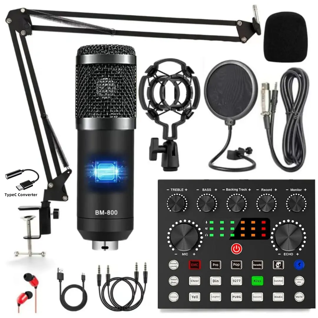 Safring Podcast Equipment Bundle, BM800 Podcast usb rechargeable Microphone Bundle with V8s Voice Changer, Condenser Microphone Recording Studio Package for Podcasting Live Streaming Singing  TikTok YouTube dynamic mic sound card desk clamp#Summervibes