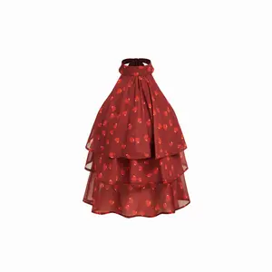 Cider Chiffon Cherry Graphic Halter Neckline Ruffled Tie Back Blouse