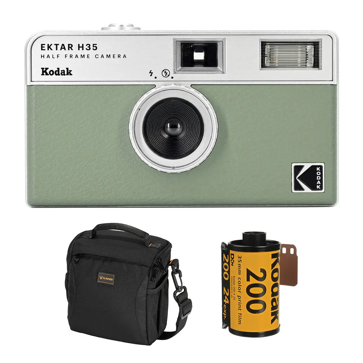 Kodak EKTAR H35 Half Frame Film Camera, Sage, Bundle with Kodacolor Gold 200 35mm Color Negative Roll Film, 24 Exposure and Slinger Alpine Shoulder Bag