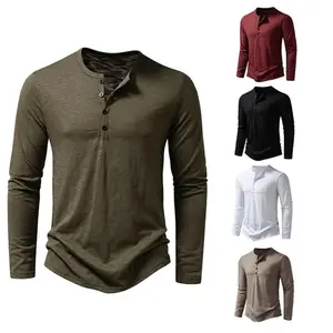 Men’s Autumn New Cotton Button Long Sleeve Henley Neck T-Shirt – Casual, Solid Color, Breathable, Versatile, Fashionable Slim Fit
