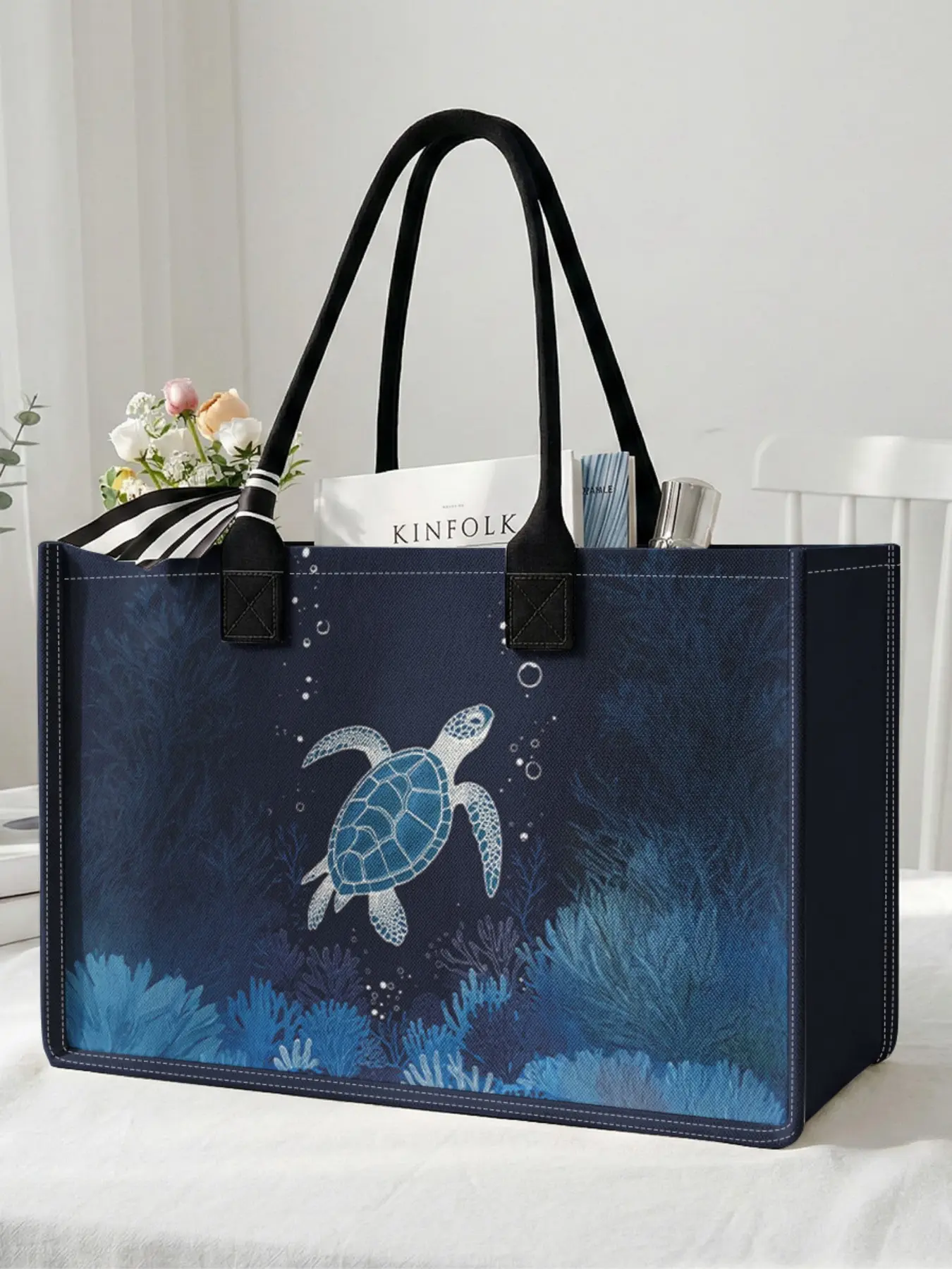 1 piece of turtle underwater pattern 2D printed large capacity storage bag, extra large storage bag, sturdy handle, space-saving multi-purpose Tote Bag, Shopping Totes, suitable for going to school, traveling, shopping