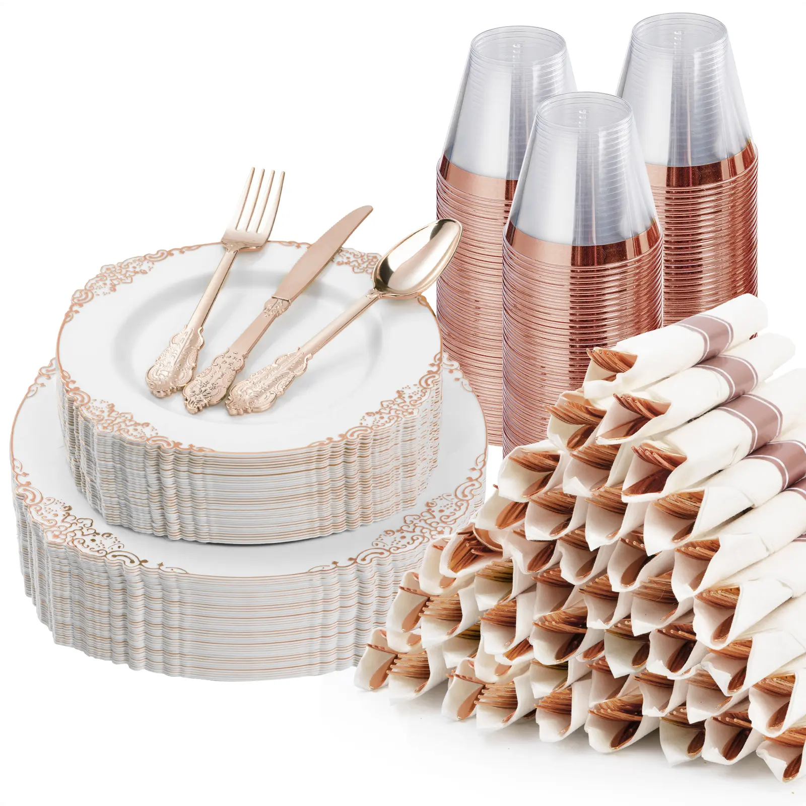 Rose Gold Plastic Disposable Dinnerware Set, 350PCS Bulk Pack - 100 Party Plates, 50 Silverware, Pre-Rolled Napkins, Cups - Festive & Party Supplies for Weddings, Anniversaries