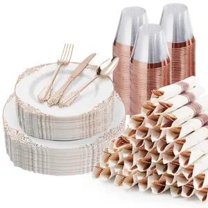 Rose Gold Plastic Dinnerware Set 350PCS - 100 Plates 50 Silverware & Napkins Disposable Cups for Weddings Events Anniversary Elegant Design Premium Quality