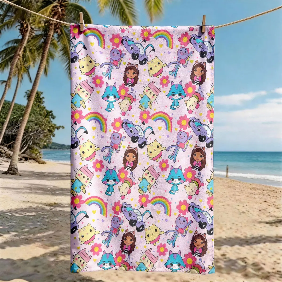 A Gabby's Dollhouse Cartoon Characters Rainbow All-over Printed Beach Towel - Oversized, Skin-friendly, Absorbent and Quick-drying, Perfect for Beach and Pool Leisure, Water Absorbent Towel, Super Absorbent Towel, Quick Dry Towels