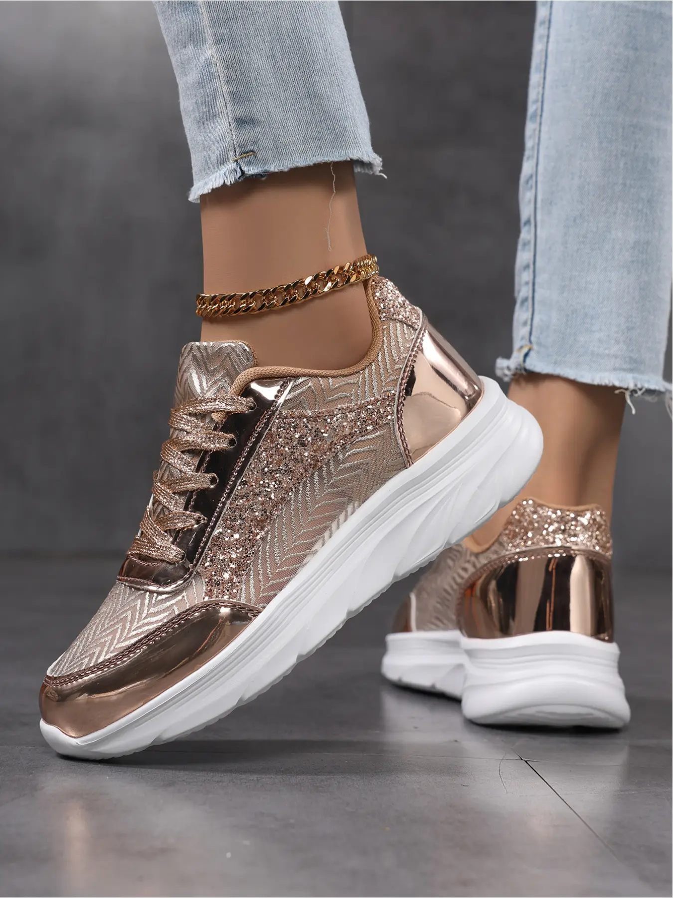 Women's Rose Gold/Silver Shiny Closed Sneakers, Glitter Breathable Elevated Casual Walking Trainer Shoes, Casual Trendy Trainers, Trending Sneakers
