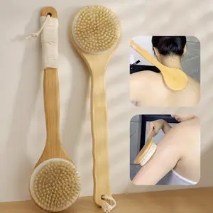 Bamboo Wood Bath Brush, Soft Bristle Body Scrubber, Long Handle Back Massage Tool, Full Body Cleaning Shower Brush, 1 Piece, Soft Bristles Exfoliating, Body Care Tool