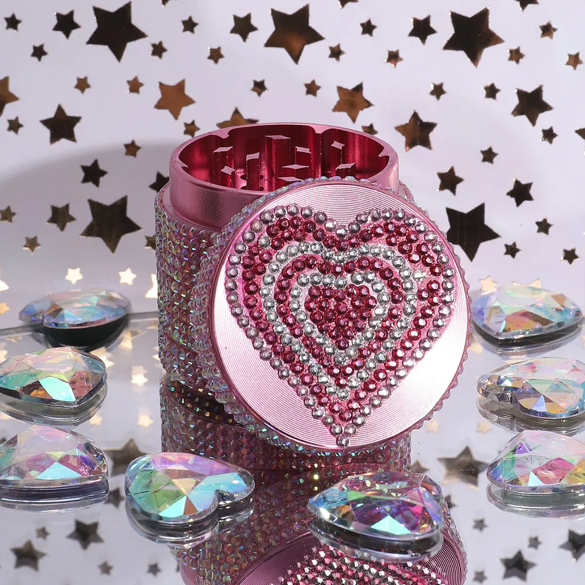 Palm Sized Heart Rhinestone Herb Grinder, Bling Pink Diamond Design, Perfect Gift for Ladies