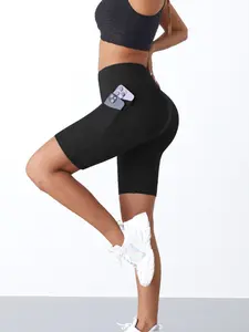 Women's High-Waisted Side Pocket Cycling Shorts, Dual Layer Yoga Pants, Tummy Control Workout Shorts, Soft Fitness Running Shorts