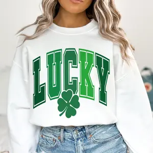 Women's St Patrick's Day Letter Print Drop Shoulder Round Neck Sweatshirt, Lucky St Patrick's Day Sweatshirt, Lucky Sweatshirt Cotton