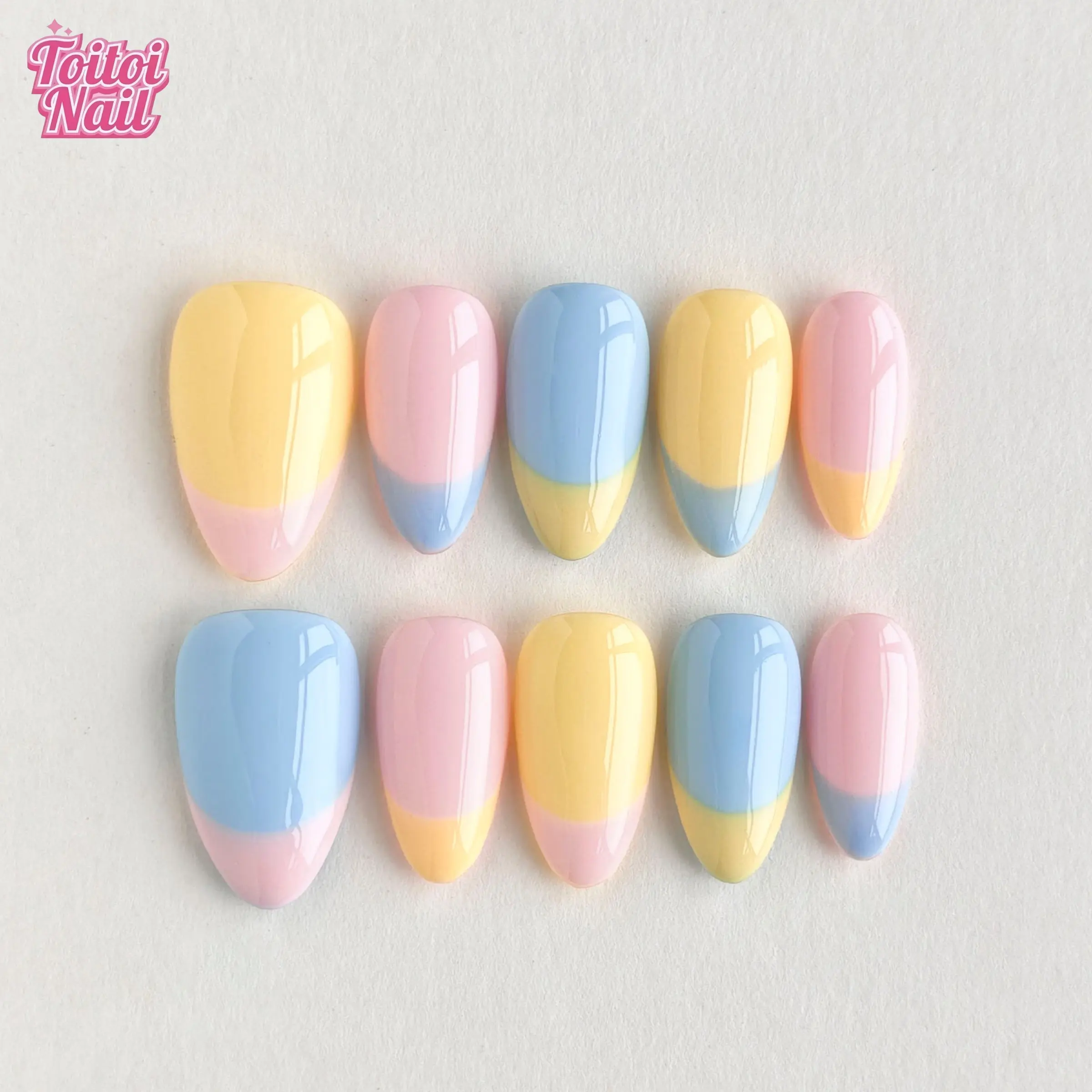 Pastel Pop Color Block Handmade Press-On Nails, Nails Press Ons, Short Almond Shape, 10pcs, Fresh Pink Yellow Blue Gradient Design, Glossy Finish, Reusable DIY Nail Kit for Women, Nails for Spring, Summer & Outings, Statement Look, Nail Art