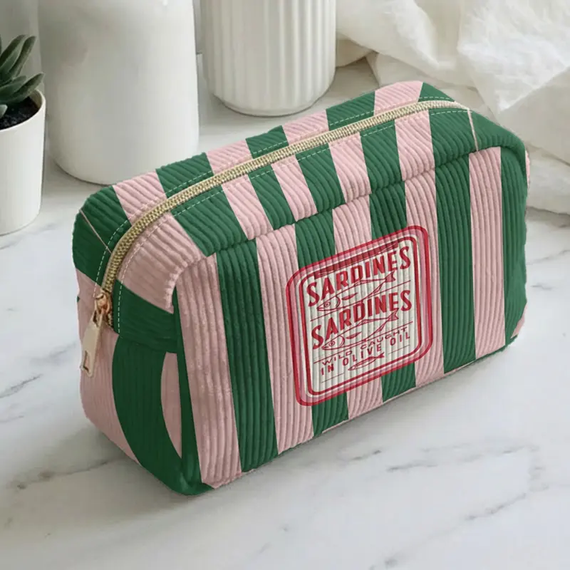 1 piece of sardine can pattern + striped background 2D printed makeup bag, Cosmetic Bags, Makeup Pouch, large capacity design|suitable for all seasons/general use|can hold daily skincare and various cosmetics|lifestyle travel all-rounder