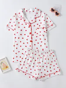 2 Piece Set Heart Print Women's Short Pajamas, Collared Button Short Sleeve Top + Loose Shorts, Sweet Home Sleepwear Loungewear Set Pjs