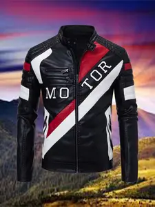Men's Striped Faux Leather Stand Collar Jacket, Motor Embroidered Split Design, Multiple Zip Pockets, Street Racing Style Coat