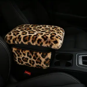 Fluffy Car Armrest Cover with Side Pockets – Plush Fuzzy Fur Center Console Armrest Cushion Pad, Universal Winter Car Interior Protector, Soft Arm Rest Cover with Storage for Women & Men (Leopard)
