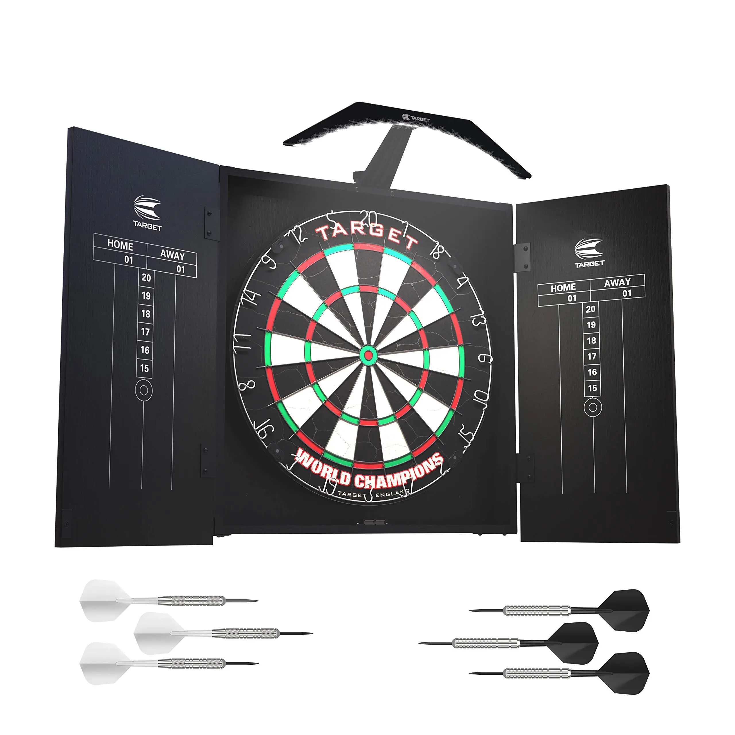 Target Darts Arc Dartboard Lighting System with Home Cabinet Set, Professional Darts Sets for Adults, Watch Party Leisure Sports - Includes 3 x Mini Chalks, 4 x Power Adaptors, 1 X Arc Cabinet