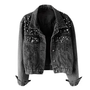 MaLinfandor Women Loose Embroidered Pearls Beading Cropped Denim Jacket Jean Coat