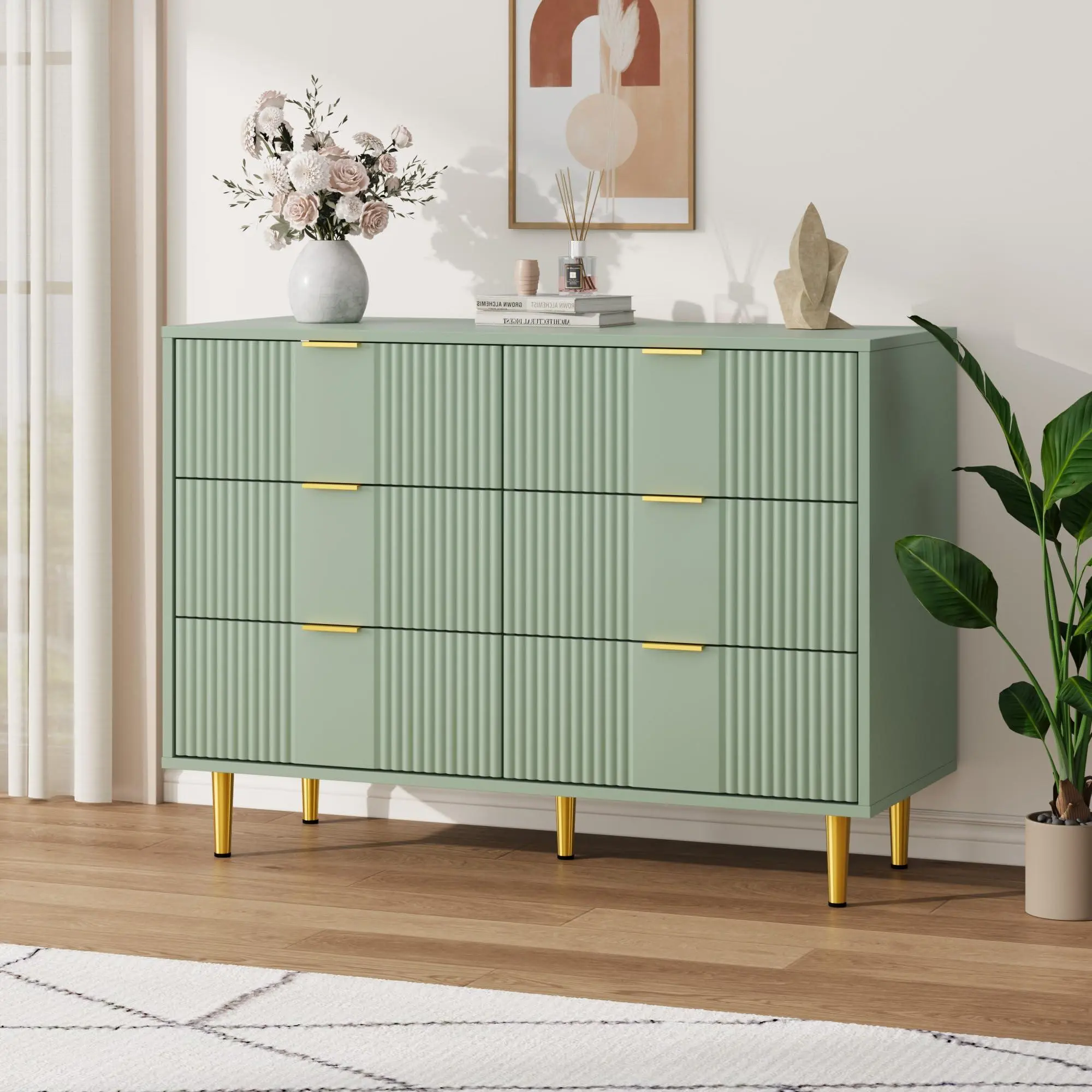 Fluted Dresser for Bedroom with 6 Drawers – 39.4" Wide Modern Chest with Metal Handle for Closet & Living Room, Olive Green