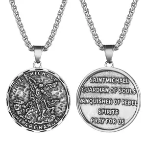 OIDEA Male Saint Michael Guardian Pendant Necklace - 60cm Stainless Steel Link Chain, Double-Sided Round Shield Warrior Angel Amulet Medal, Catholic Protection Costume Jewelry Gift summerwins