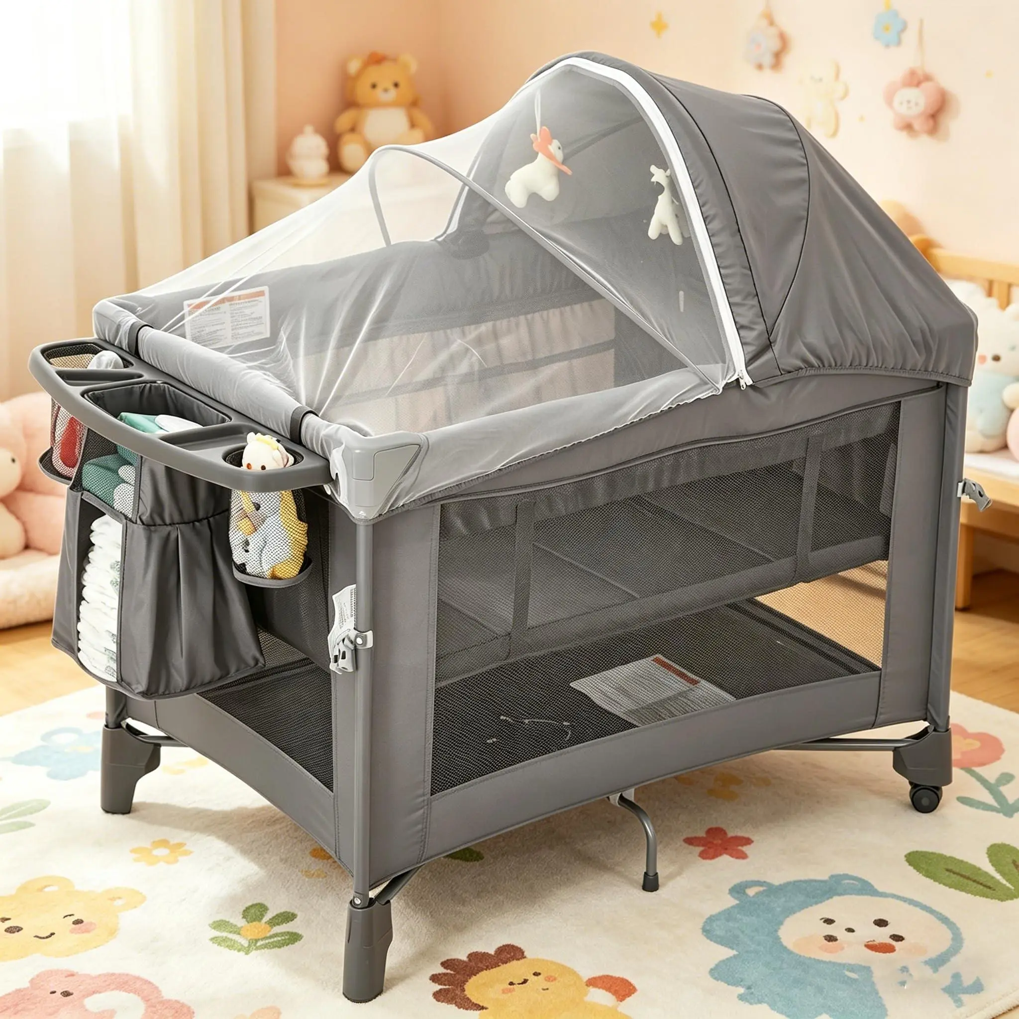 5 in 1 Baby Bassinet,Bedside Crib Sleeper,One-Push Setup Pack and Play,Diaper Changer,Come with Comfy Mattress,Rotating Toy Bar,Insect Net,from Infants to Newborn & Toddlers