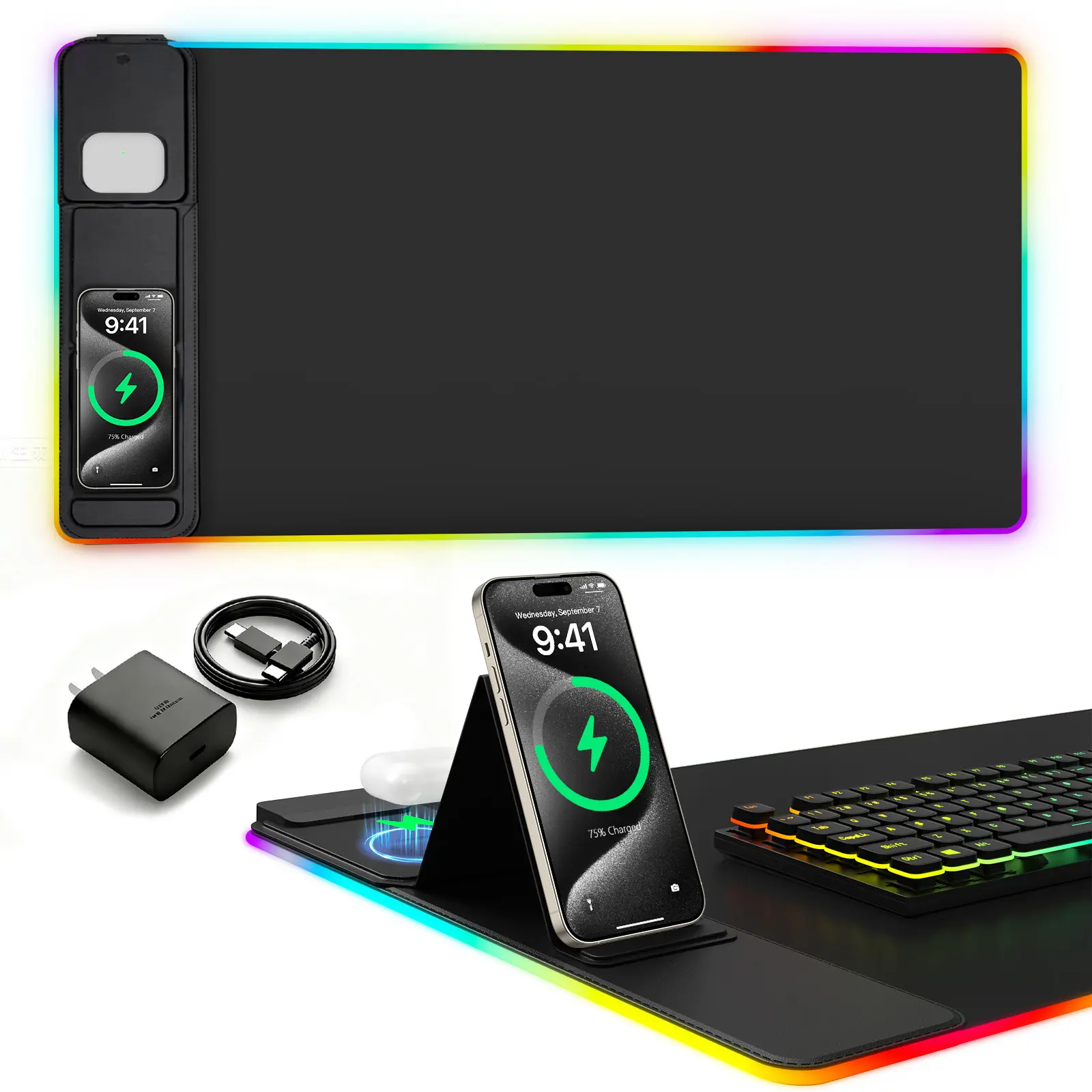 XXL RGB Glowing Waterproof Gaming Mouse Pad with 15W Fast Wireless Charging, Gamer Stuff, Multi-Use Desk Mat for Office and Home Computer Laptop Accessory,back to school,back to school shopping Gaming Deskmat