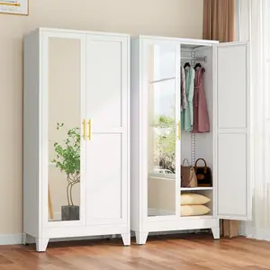 Metal Armoire Wardrobe Closet with 2 Mirror Doors, 71"' Wardrobe Cabinet with Adjustable Shelves and Hanging Rod, Clothing Storage Cabinet Closet with Mirror for Bedroom-White