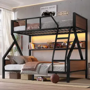 Twin over Full Bunk Bed for Kids, Heavy-Duty Metal Bunk Bed with Storage Shelves and Lights, Space-saving & Noise-free Design, Black