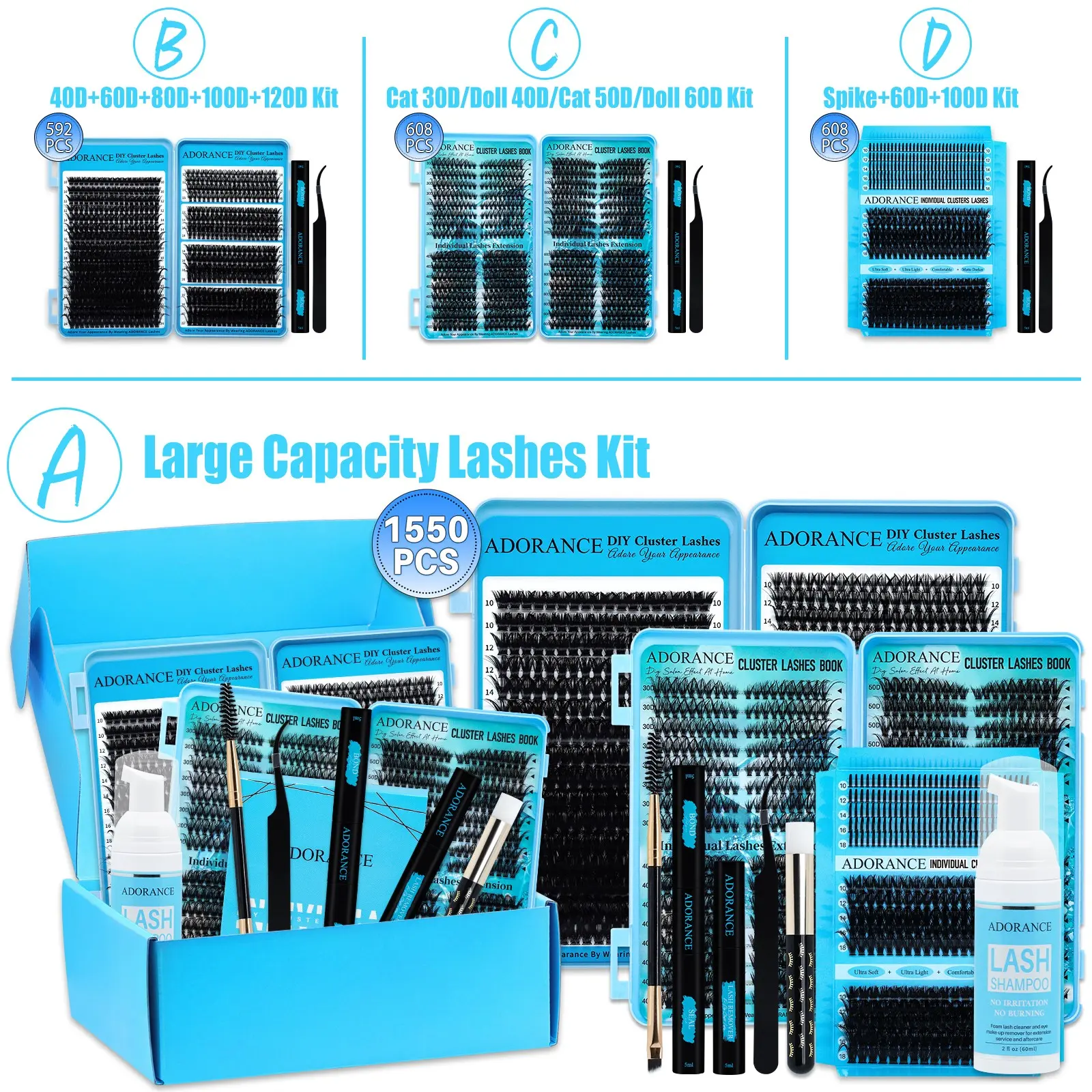 1550PCS/608PCS/592PCS/350PCS Eyelash Clusters Kit, Eyelash Cluster Set D Curl 10 Styles Mixed Length, Volume Eyelash, Cat/Doll/Spikes/Volume Lashes Kit with Bond&Seal Lash Remover Lash Brush Lash Applicator Eyelash Glue Tweezers, For Beginners