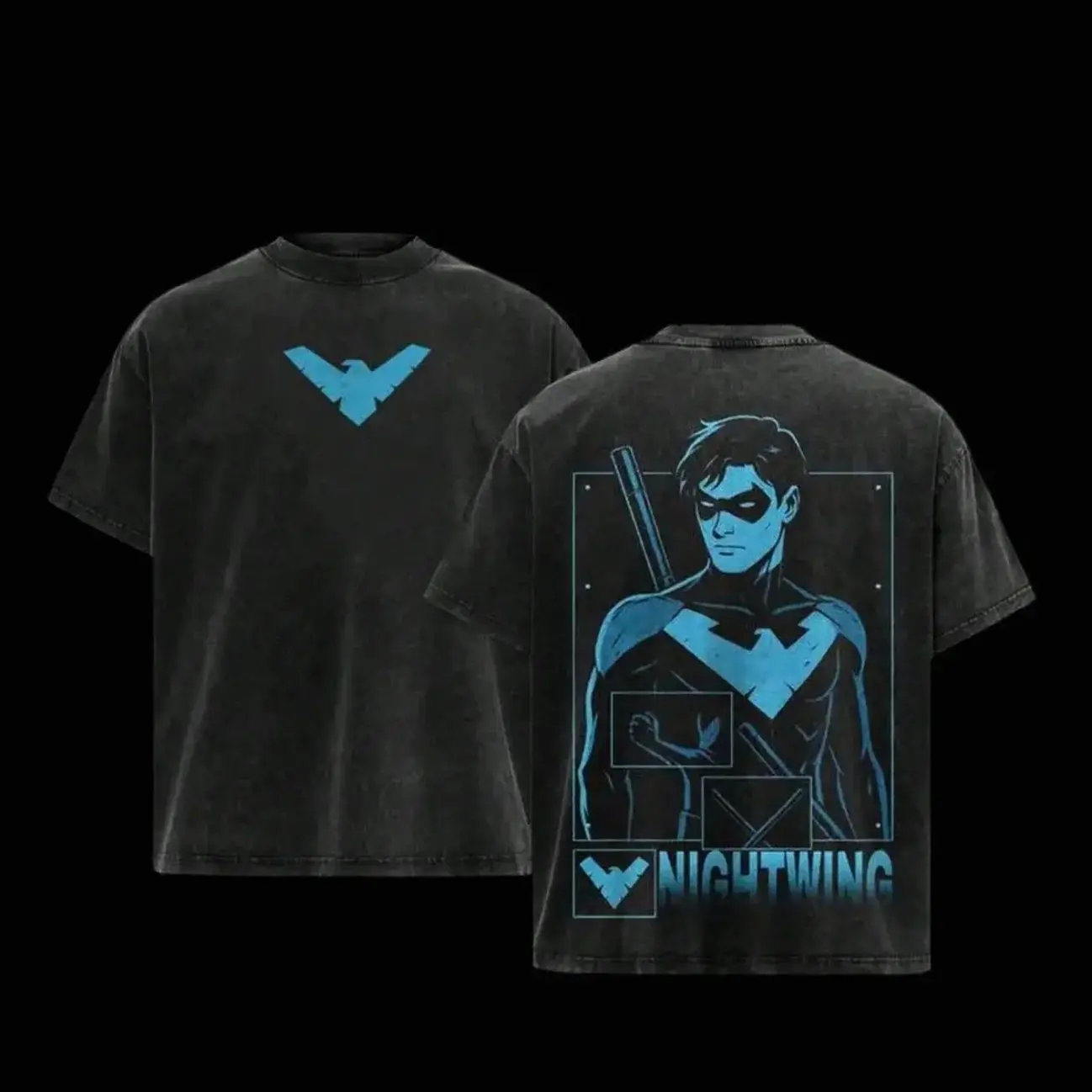 Women's Oversized Cotton Short Sleeve T-Shirt - Heavyweight Retro Look, Nightwing Blue Comic Hero Double-Sided Printed Pattern, Casual Streetwear for Adult Fans FNQ