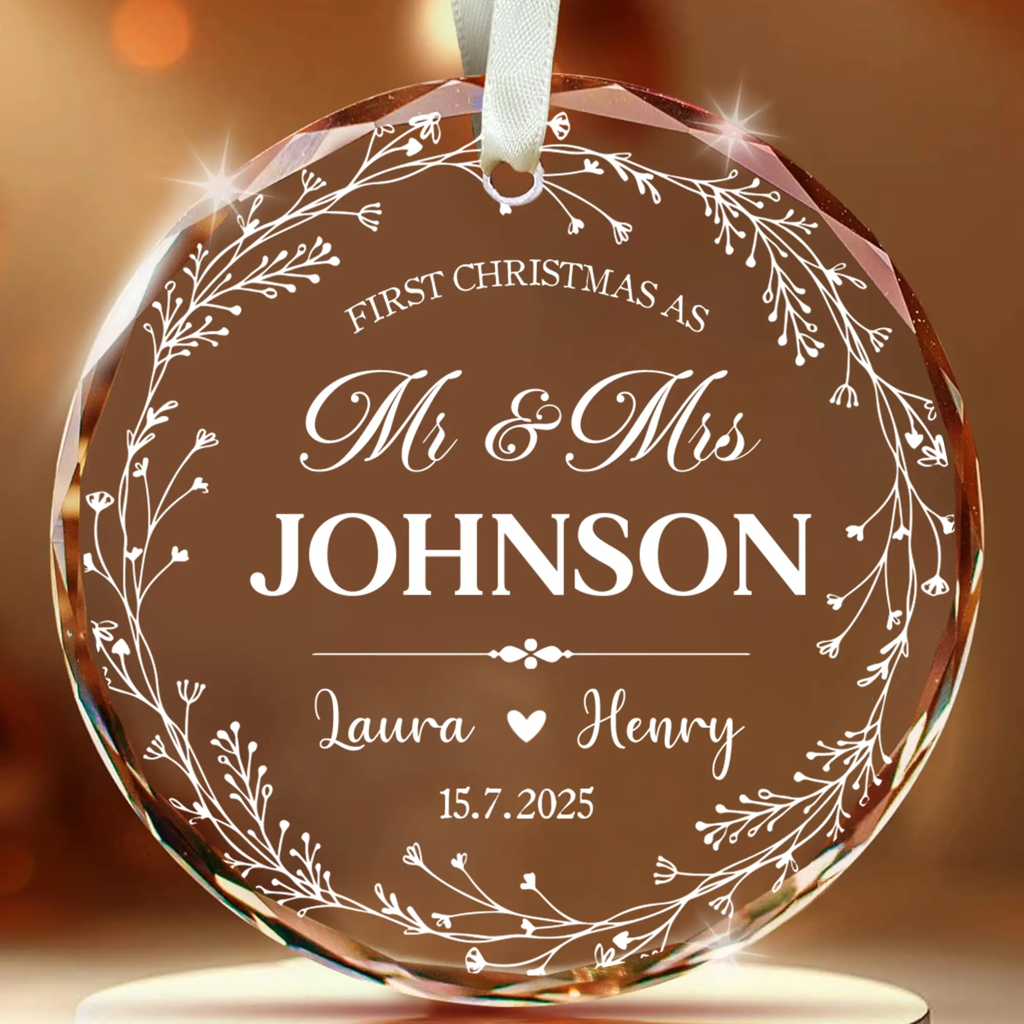 12.5cm Round Customizable 2026 Personalized Couple Names Special Date Mr and Mrs First Christmas Ornament - Custom Tree Decor Gift for Newlyweds, Wedding Keepsake, Decorative, Family Name