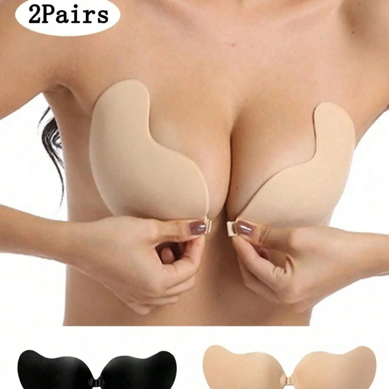 2 Pieces Invisible Backless Strapless Push-Up Bra with Seamless Front Closure, Self-Adhesive Silicone Lingerie Set in and Apricot Color, Halloween, Smooth