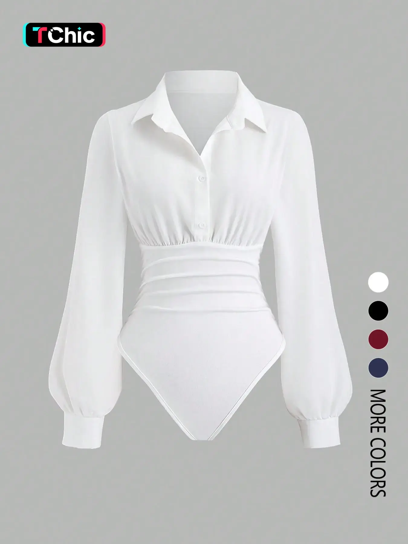 Women's solid color slim-fit V-neck long-sleeved shirt jumpsuit, elegant woven fabric, slim fit, Basic, suitable for all seasons, and can be layered flexibly, Bodysuits