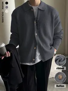 Men's Solid Color Knitted Fabric Cardigan, Classical Long Sleeve Lapel Collar Drop Shoulder Sweater Top, Basic Button Down Soft Warm Thick outwear Jacket, 2025 Fall Winter, Lounge wear, daily life, casual, club wear, Knitwear