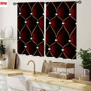 2D Flat 2Pcs Luxury Red Diamond Tufted Pattern Curtains with Gold Trim, Plush Soft Fabric Look, Elegant Upholstery Design, Decorative Window Coverings for Living Room Bedroom Dining, All Season Decor