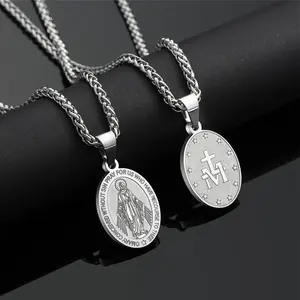 Catholic Miraculous Medal Necklace for Men & Women, Stainless Steel Virgin Mary Oval Pendant with Cross & 'M' Engraving, Wheat Chain Confirmation Gift