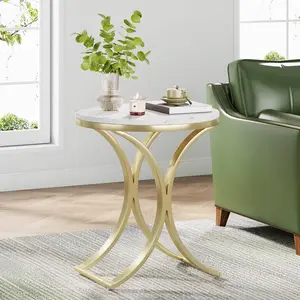 LITTLE TREE Modern Round Coffee Table, 19.68 in. Bedside Table with Gold Metal Frame