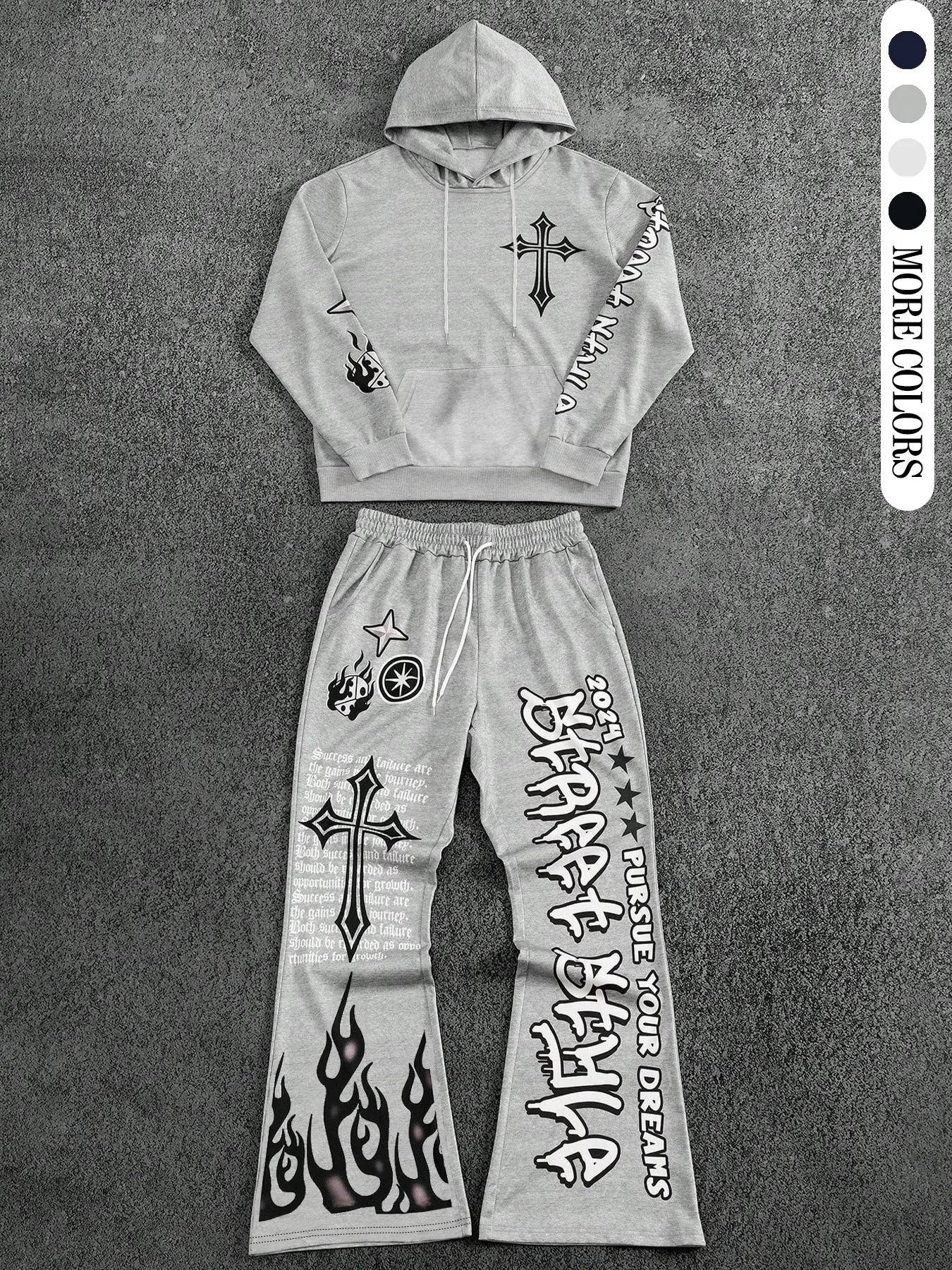 Men's Graphic Printed Drawstring Hoodie & Sweatpants Set, Casual Fall Winter, Aesthetic Street Style, Fitted Design, Trendy College Wear