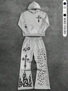 Men's Printed Drawstring Hoodie & Sweatpants Set, Casual Fall Winter, Street Style, Fitted Design, Trendy College Wear