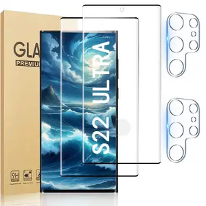 [2+2 Pack] Galaxy S22 Ultra 5G Screen Protector, 2 Pack Tempered Glass Screen Protector +2 Pack Tempered Glass Camera Lens Protector,3D Curved,9H Tempered Glass,Touch Sensitive,Fingerprint Support.Cover Installation