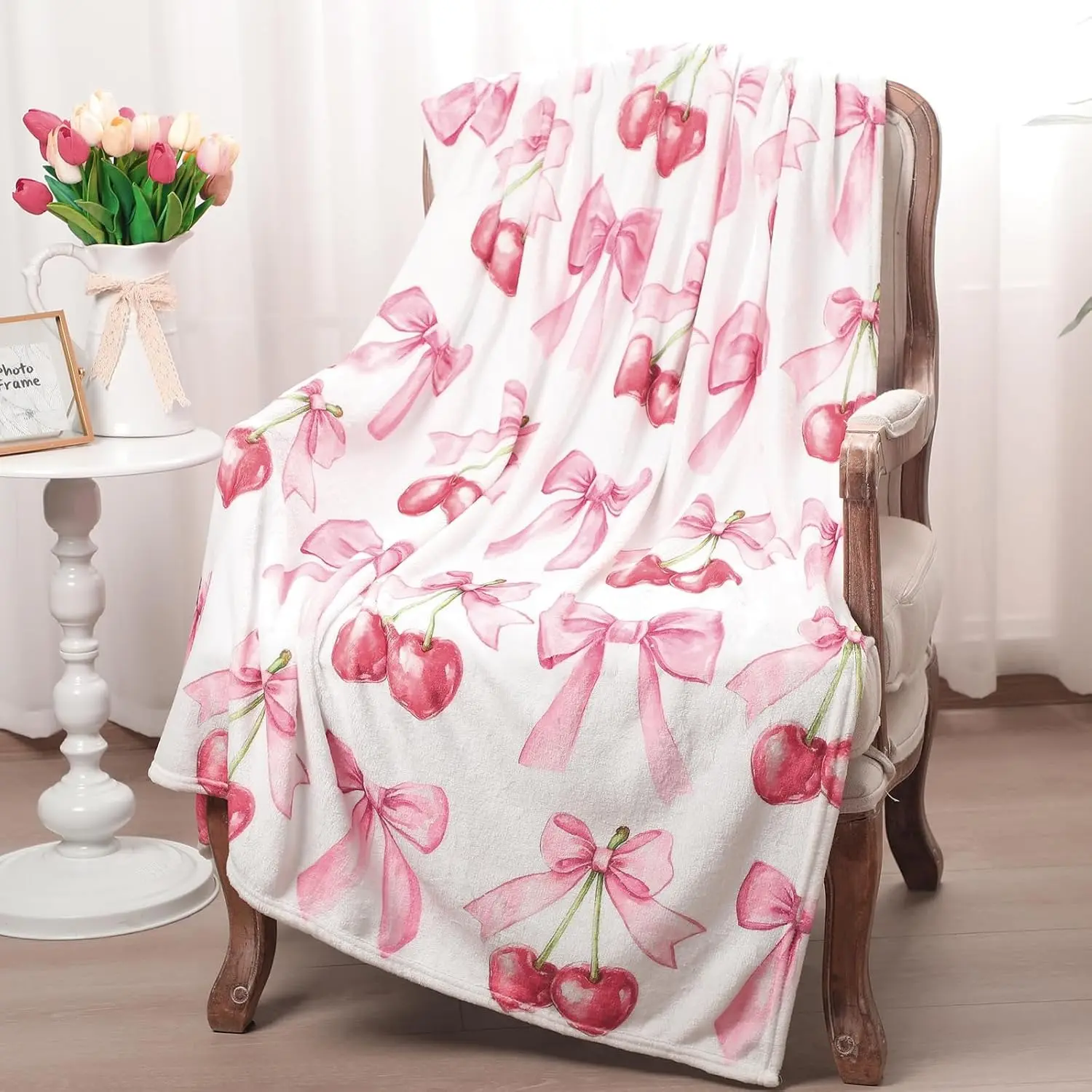 Pink Cherry Blossom Blanket with Bow, Soft Flannel, Lightweight, Bow Decoration, Beautiful Preppy Style, Cute Plush, Room Decor, Christmas Back-to-School Gift, Sofa Travel Bed Print Flannel Blanket cozy throw