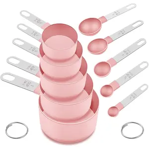 Measuring Cups and Spoons Set, 10 count Nesting Measure Tools, Kitchen Essentials Gadgets with Stainless Steel Handle for Dry & Liquid Ingredient, Pink