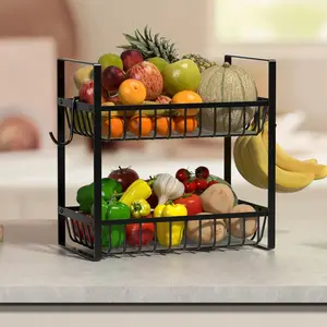 Kitchen Fruit Basket 2 Tier Heavy Duty Metal Organizer with PP Liners for Counter Snack Storage and Fresh Produce Display