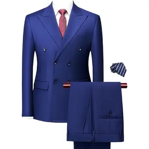 Men's 2-Piece Slim Fit Double Breasted Tuxedo Suit Set - Blue Long Sleeve Blazer & Pants with Coordinating Tie for Prom & Formal Events