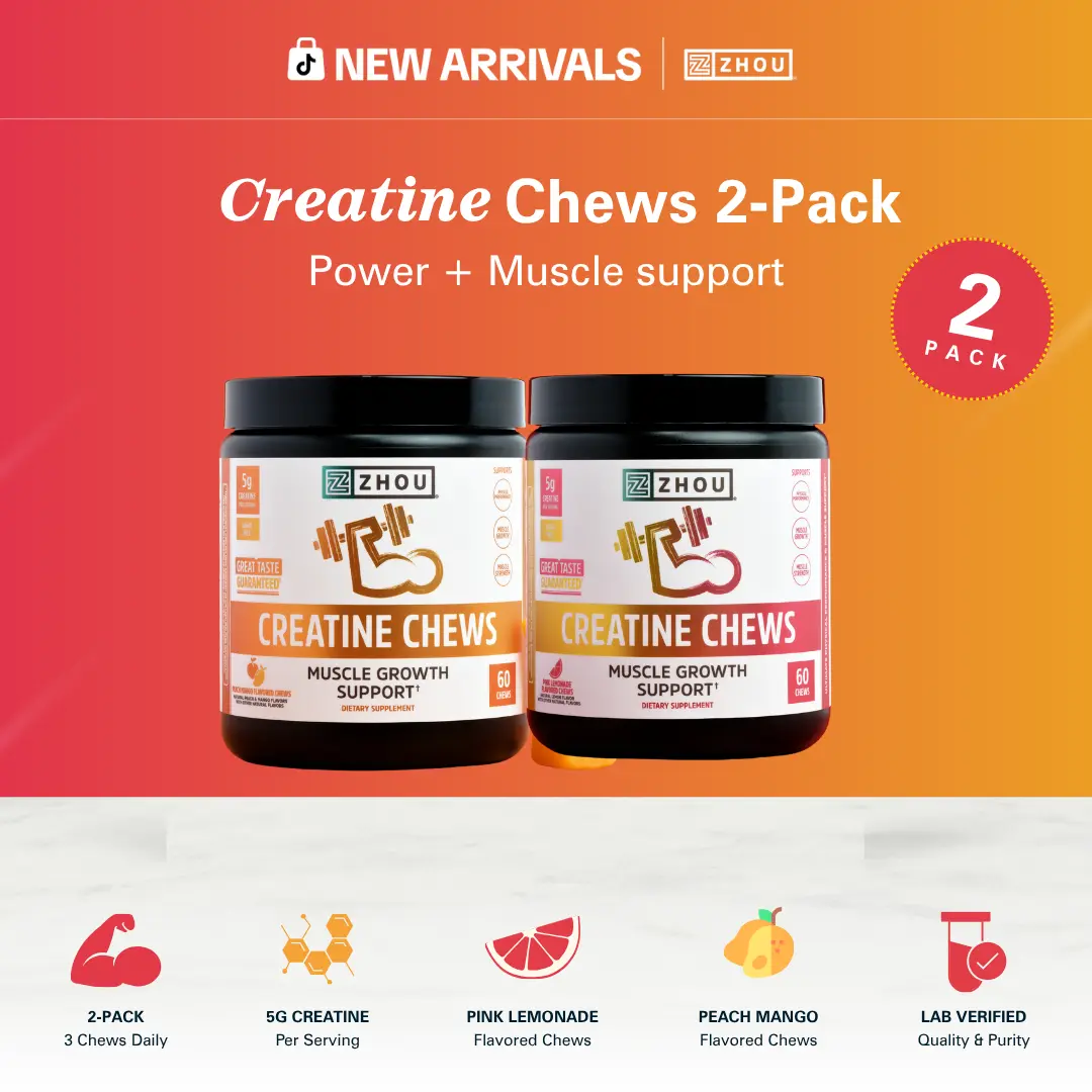 Zhou Nutrition Creatine Chews 2-Pack Bundle — Peach Mango + Pink Lemonade — Daily Workout-Support Routine