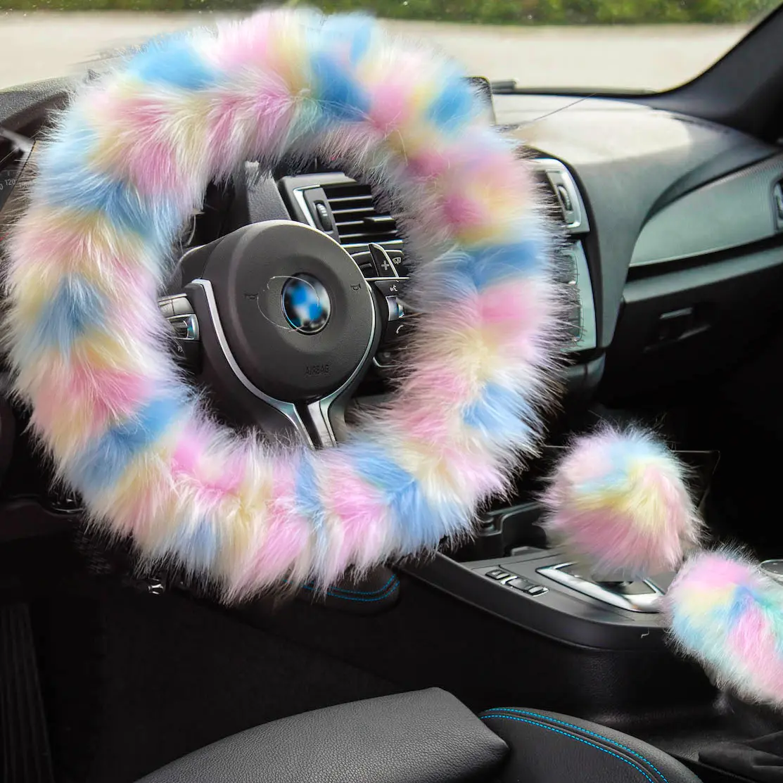 Colorful Rainbow Long Fluffy Steering Wheel Cover, Multi-Color Fuzzy Steering Wheel Cover with Cute Furry Plush Handbrake Cover & Gear Shift Cover Fur Non-Slip Luxurious Faux Wool Decor for Girls Women Warmer car accessories in Winter