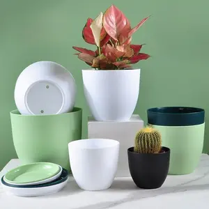 12 Piece Set of Classic Plastic Flower Pots with Plates - Planter Pots, Stackable Pots, Lightweight, Suitable for Indoor and Outdoor Gardening and Lawn Care, Modern Plant Pot