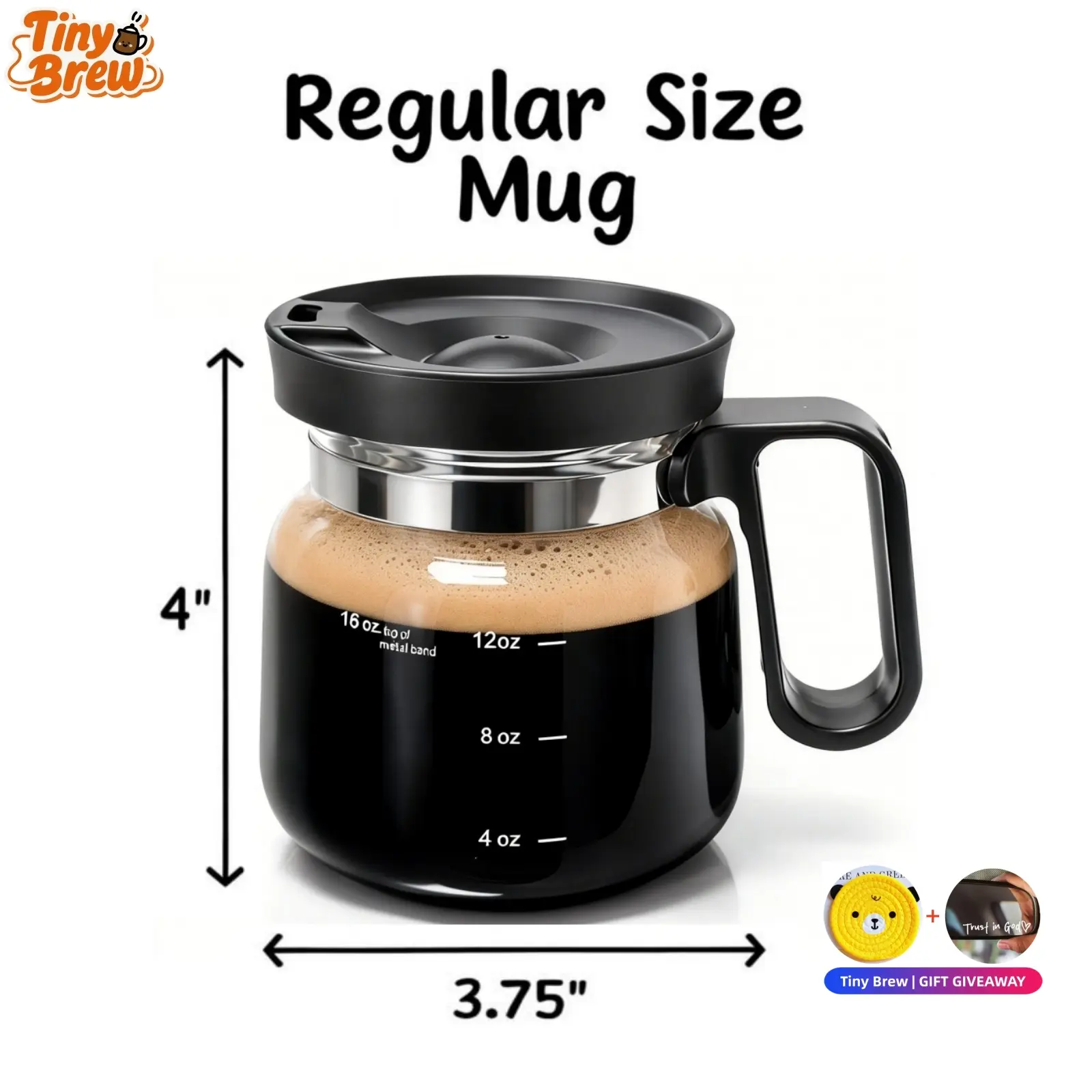 Tiny Brew 16oz Glass Coffee Mug with Lid - Ergonomic Handle, Coaster Included, 4.9in Tall x 3.8in Wide, Camp Kitchen Essential for Camping & Hiking, Coffee Lovers' Gift, Mid-Year Sale Deal, Glass Cup