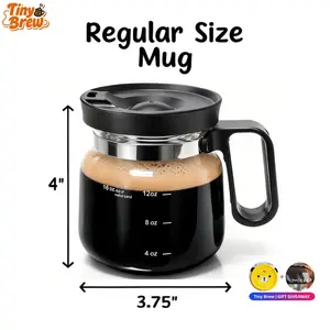 Tiny Brew Itty Bitty Glass Coffee Pot Shape Mug with Lid 16oz – Cute Coffee Pot Mug, Novelty Coffee Lover Gift, Small Spill-Proof Carafe Style Coffee Mug for Office & Travel, 4” Tall x 3.75” Wide Reusable Drinkware