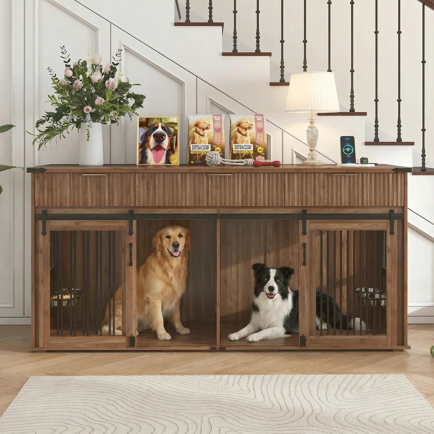 DOMISO Large Double Dog Crate Furniture, Heavy-Duty Kennel with 3 Fluted Drawers, Waterproof Walnut Woodgrain Tabletop, Type-C Power Outlet & Rotating Feeders