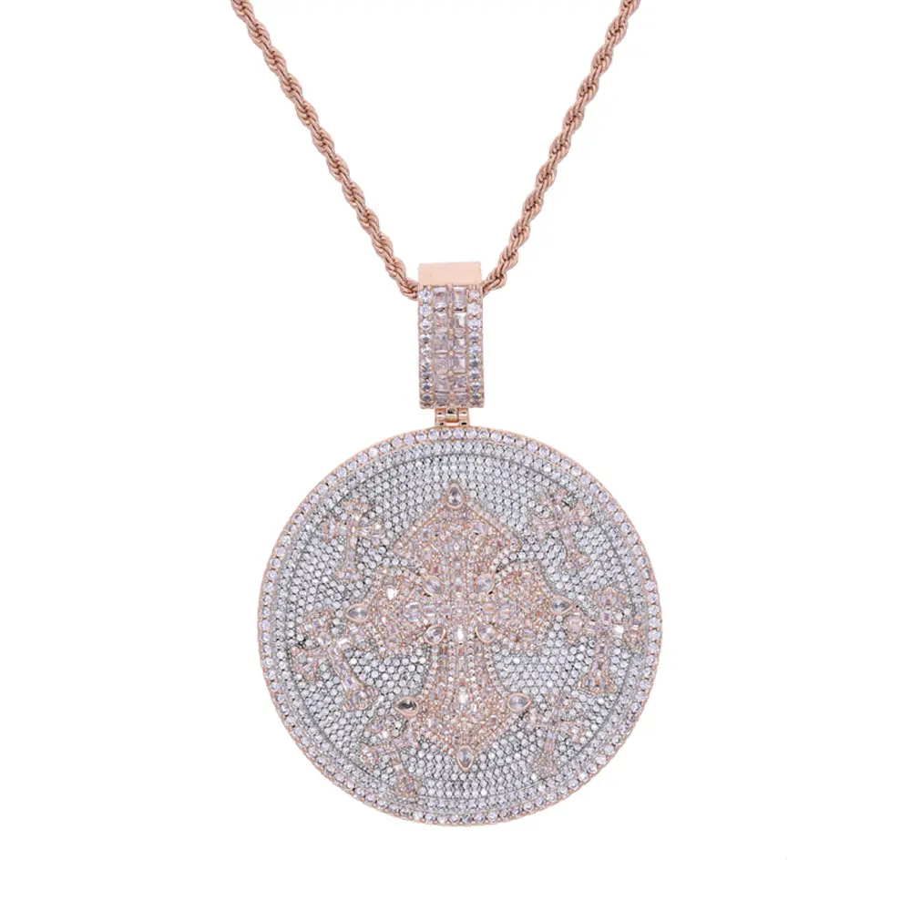 M2-2015 Fully Iced Cross Medallion Pendant Rose Gold Twist Statement Religious Necklace Shine So Bright Tiktokshopspringglowup